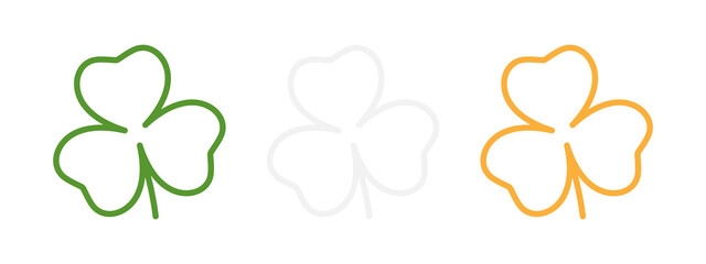 Set of shamrocks in Irish flag colors. Green, white and orange clovers on a white background isolated. Decorative elements for St. Patrick's Day design. Vector illustration