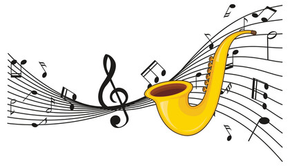 A saxophone with musical notes on white background