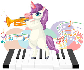 Cute purple unicorn blowing grumpet with music notes on piano