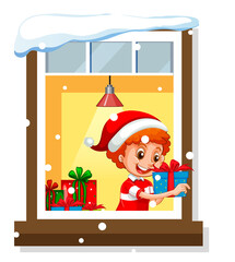 View through the window of a boy holding present in Christmas theme