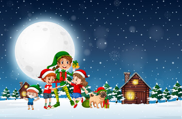 Naklejka premium Snowy winter night with Christmas elf and children