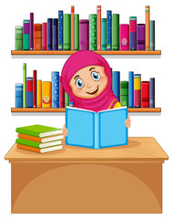 Muslim girl reading book on white background