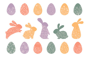 Set silhouette easter eggs and rabbit with flowers in Scandinavian style. Illustration colorful hare and eggs in pastel colors. Vector