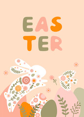 Postcard template with silhouette of Easter eggs, rabbit flowers and bird in gentle pastel colors. Illustration spring hare and eggs in flat style with space for your text. Vector