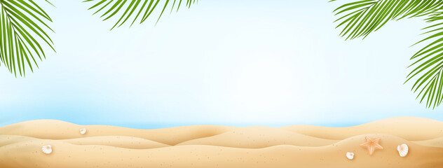Bright summer beach banner background with coconut palm tree leaves at borders - obrazy, fototapety, plakaty