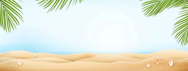 Fototapeten Bright summer beach banner background with coconut palm tree leaves at borders © Atstock Productions