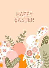 Postcard template with silhouette of Easter eggs, rabbit and flowers in gentle pastel colors. Illustration spring hare and eggs in flat style with space for your text. Vector - 491407817
