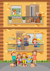 Apartment windows with neighbors cartoon character