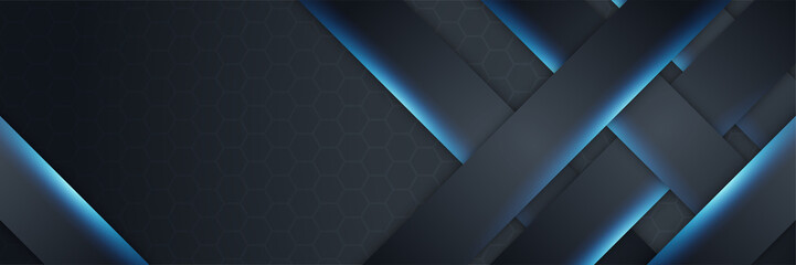 Abstract black blue metallic carbon neutral overlap light hexagon mesh design modern luxury futuristic technology background. Game tech wide banner vector illustration.