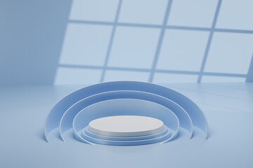 Blue background with white podium, 3d render.