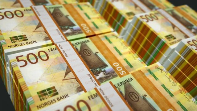 Norwegian Krone money pack loop 3d animation. Loopable seamless concept of finance, cash, economy, business and bank in Norway. Camera moving over the 500 NOK banknote bundle stacks.
