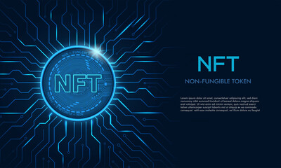 Non-fungible token (NFT) coin.Bluie abstract technology background.