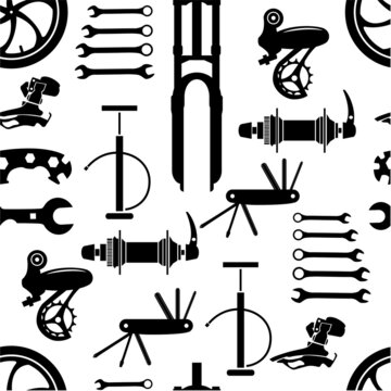 Bike. Seamless pattern with bicycle parts for print, web design. Vector image. 