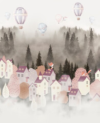 Children's photo wallpaper with illustrations of cartoon houses and animals on the background of the forest. Forest in the fog with watercolor balloons, foxes.