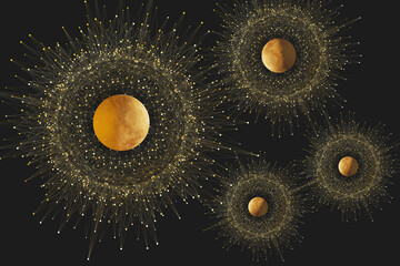 Space Landscape. Photo wallpaper with planets surrounded by rays. Graphic drawing of space and planets on a black background.