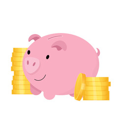 Coins stacked in a pile near the piggy bank