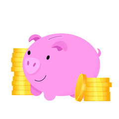 Coins stacked in a pile near the piggy bank