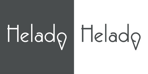 Logotipo con texto Helado en español con letra o con forma de helado en cono de galleta con líneas en fondo gris y fondo blanco
