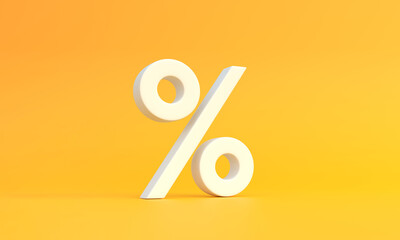 White percentage sign on a yellow background with copy space. Minimal creative concept. 3d render illustration