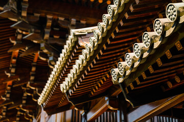 Fototapeta na wymiar Detail view of the traditional Chinese architecture in Baoshan temple, an antique Buddhism temple in Shanghai, China.