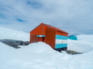 Well-preserved British scientific station standing at Damoy Point, near Port Lockroy, Palmer Archipelago, Antartctic Peninsula, Antarctica