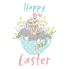 Obraz na płótnie Canvas Easter bunnies in cup floral greeting card