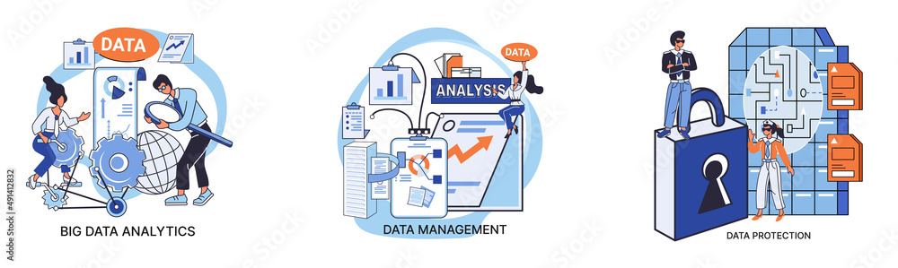 Poster big data analytics platform, data management and protection creative metaphor set abstract concept. 