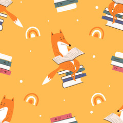 Fox with books, seamless pattern. Book store or library with literature for kids.Cartoon vector background. 