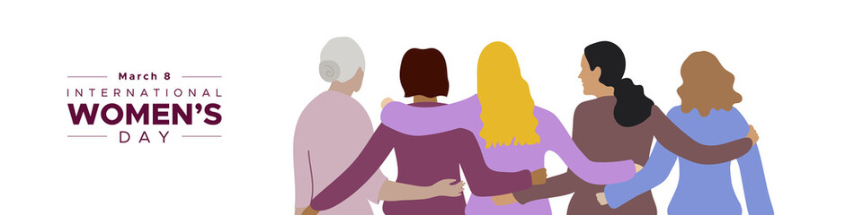 International Women's Day. March 8. Group of five women embracing of different ages. Concept of human rights, equality. Vector illustration, flat design