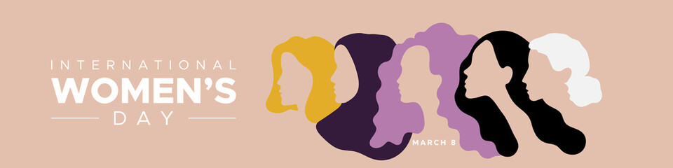 International Women's Day. March 8. Portraits of different women in profile. Horizontal format. Vector illustration, flat design