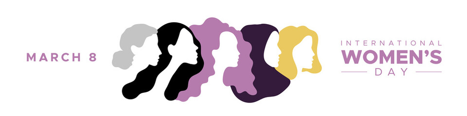 International Women's Day. March 8. Portraits of different women in profile. Horizontal format. White background. Vector illustration, flat design