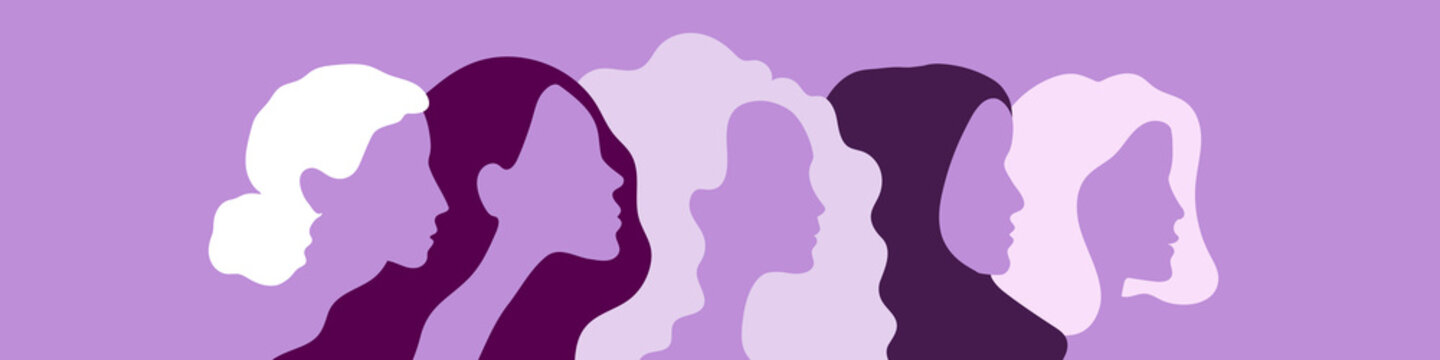 International Women's Day. March 8. Portraits of different women in profile. Horizontal format. Violet colors. Vector illustration, flat design