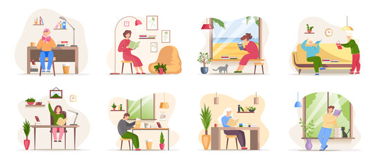 Fototapeta na wymiar Reading people flat character set with books magazines literature isolated vector illustration. Young male and female readers dressed in trendy clothes relaxing at home with books or textbooks