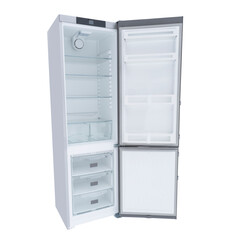 New refrigerator with opened doors isolated on white background. Front view of modern empty stainless steel refrigerator. Fridge freezer isolated