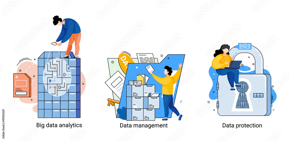 Poster big data analytics platform, data management and protection creative metaphor set abstract concept. 