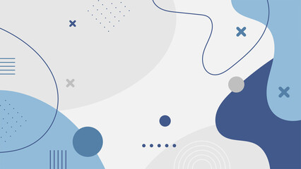 Abstract colorful blue Memphis flat geometric shapes background. Abstract composition with lines square dot triangle circle and wavy flat style. Design for poster, presentation, card, cover, banner.