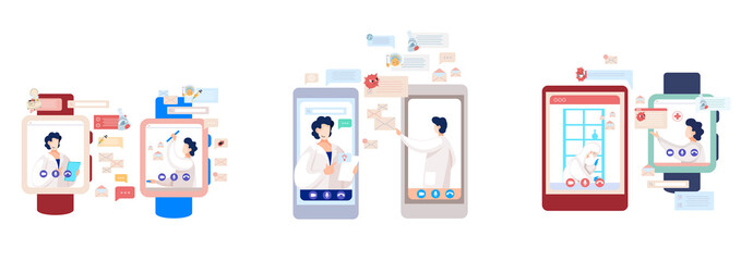 Naklejka premium Online doctor conference, consultation via your smartphone. Concept for medical app and websites. Remote meetings of scientists conferring on fight against viruses and scientific researches