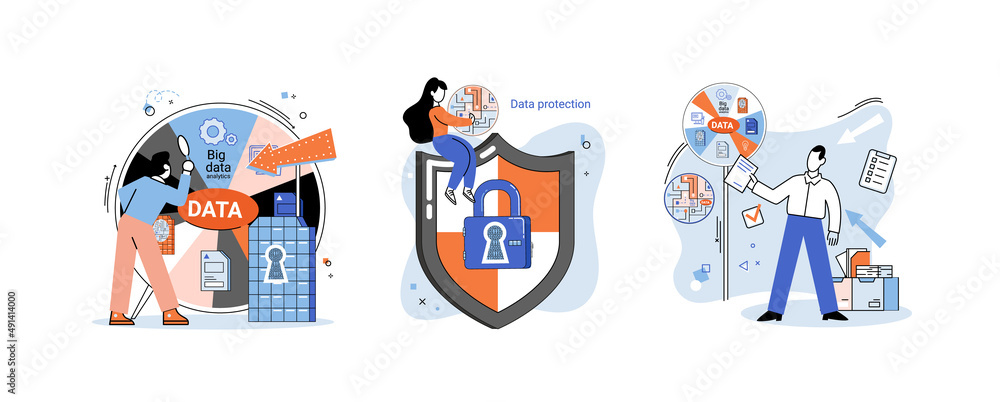 Poster big data analytics platform, data management and protection creative metaphor set abstract concept. 