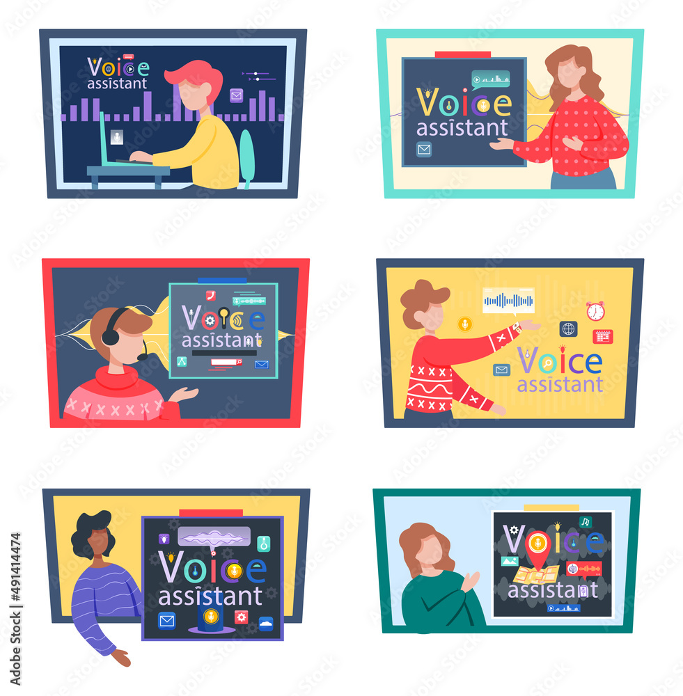 Poster voice assistant. smart speaker virtual assistant, sound robot, people using voice controlled smart s