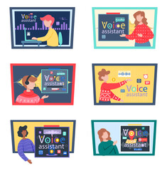 Voice assistant. Smart speaker virtual assistant, sound robot, people using voice controlled smart speaker. Voice activate digital assistant identification control contactless mobile device microphone