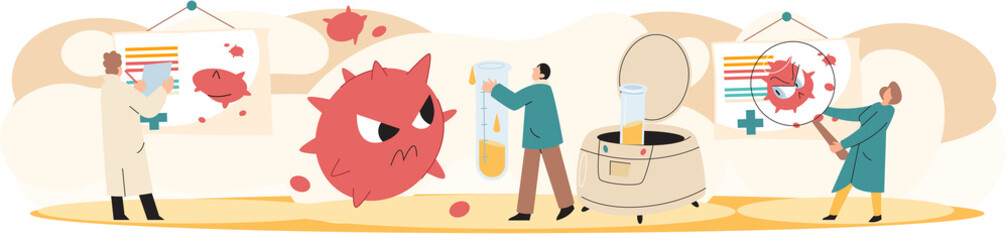 Antivirus vaccine. Scientists conducting scientific researches, laboratory assistants test tubes working in medical lab researchers making chemical experiments test liquids and equipment. Virus in lab