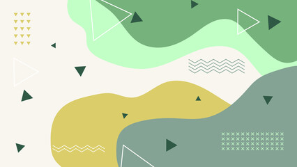 Abstract colorful green Memphis flat geometric shapes background. Abstract composition with lines square dot triangle circle and wavy flat style. Design for poster, presentation, card, cover, banner.