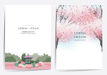 Vector editorial design frame set of Korean spring scenery with cherry trees in full bloom. Design for social media, party invitation, Frame Clip Art and Business Advertisement	 - 491415846