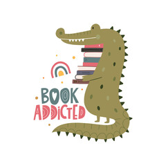 Crocodile with books isolated on white background. Book store or library with literature for kids. Concept for children print, learning. 
