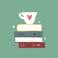 A stack of books to read. Literature set isolated on green background. Vector cartoon illustration.