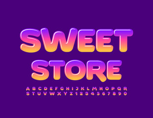 Vector bright logo Sweet Store. Cute Kids Font. Creative 3D Alphabet Letters and Numbers.
