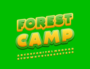 Vector trendy badge Forest Camp. Yellow and Green Alphabet Letters and Numbers. Bright modern Font