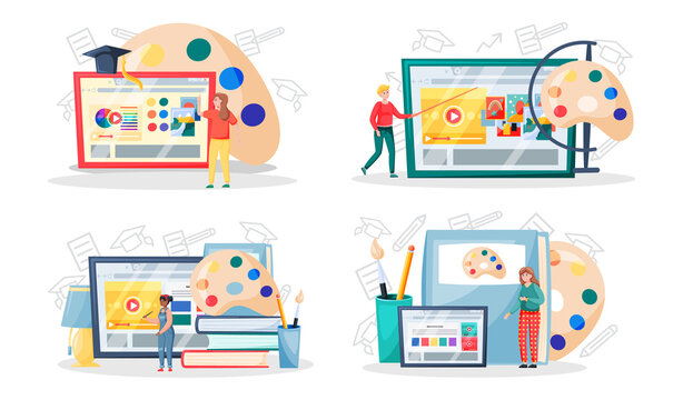 Online painting workshop concept. Artist creativity process with paint and brushes distance studying. Drawing lessons on learning platform for painters and designers, educational course video tutorial