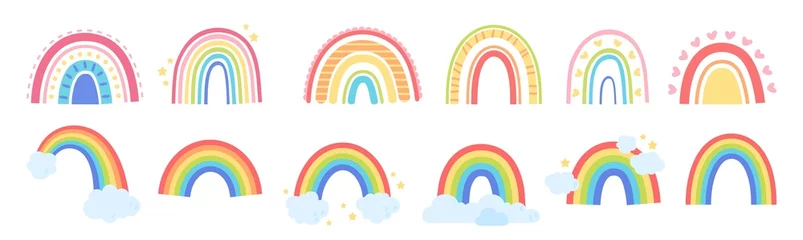 Foto op Canvas Cute rainbows with clouds, stars and hearts, scandinavian rainbow doodles. Colorful nursery doodle, kids fashion fabric print, childish boho elements vector set © Your Local Llamacorn