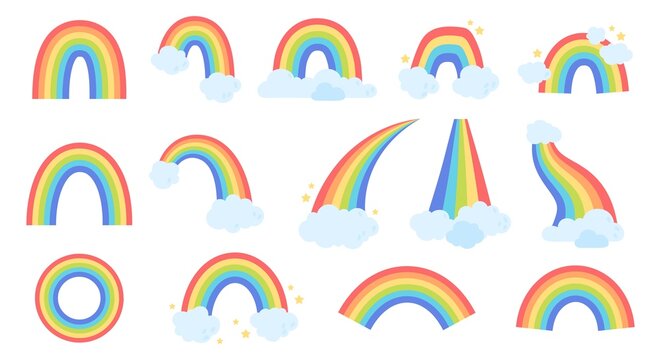 Cute rainbow with clouds and stars, colorful rainbows for children. Cartoon kids nursery decoration, baby shower print design elements vector set